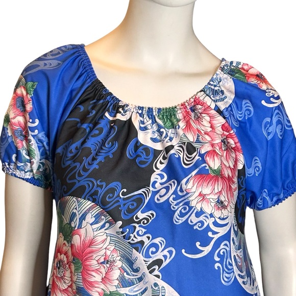 NEW Vintage 70s Sears Blue Hawaiian Print Full Length Caftan Medium Deadstock - Picture 3 of 10